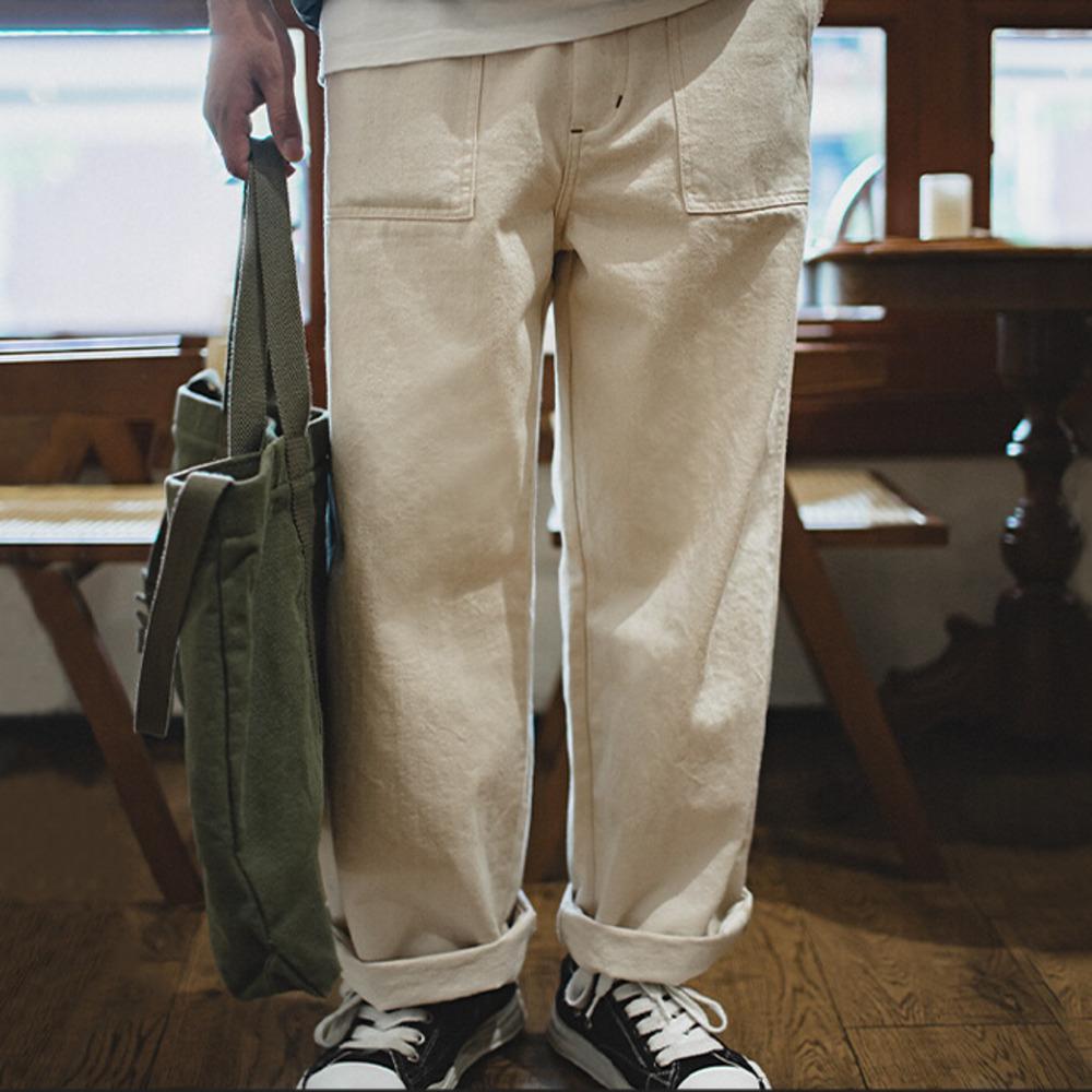 馬登工裝復古棉籽殼米白色休閑牛仔褲耐磨寬松直筒長褲子男秋-Retro's Wear