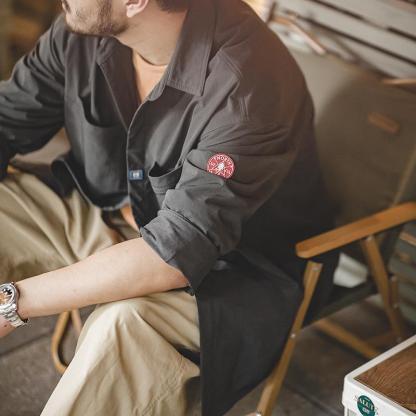 馬登工裝山系深灰口袋襯衫美式休閒抗皺寬鬆長袖襯衣疊穿外套男秋-Retro's Wear