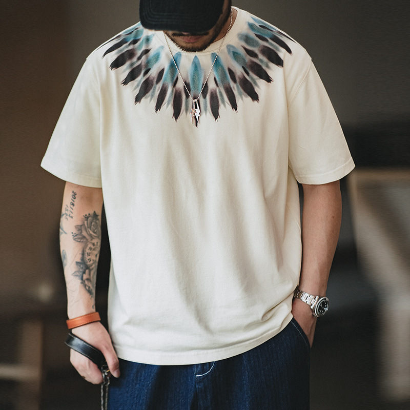 美式復古印第安羽毛印花短袖做舊寬鬆民族風T恤男夏-Retro's Wear