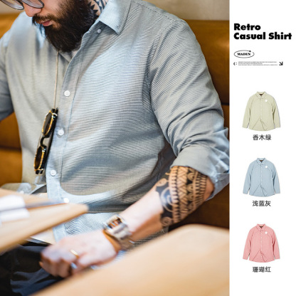 美式休閒千鳥格襯衫紐扣純棉通勤商務格子長袖襯衣男秋-Retro's Wear