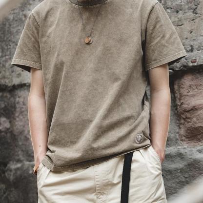 馬登工裝水洗做舊蠟染短Tee阿美哢嘰夏季休閒半袖男-Retro's Wear