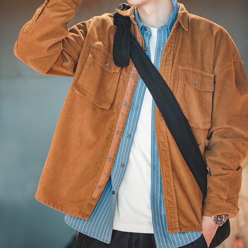 馬登工裝寬鬆翻領燈芯絨夾克春秋單排扣口袋外穿襯衫男潮-Retro's Wear