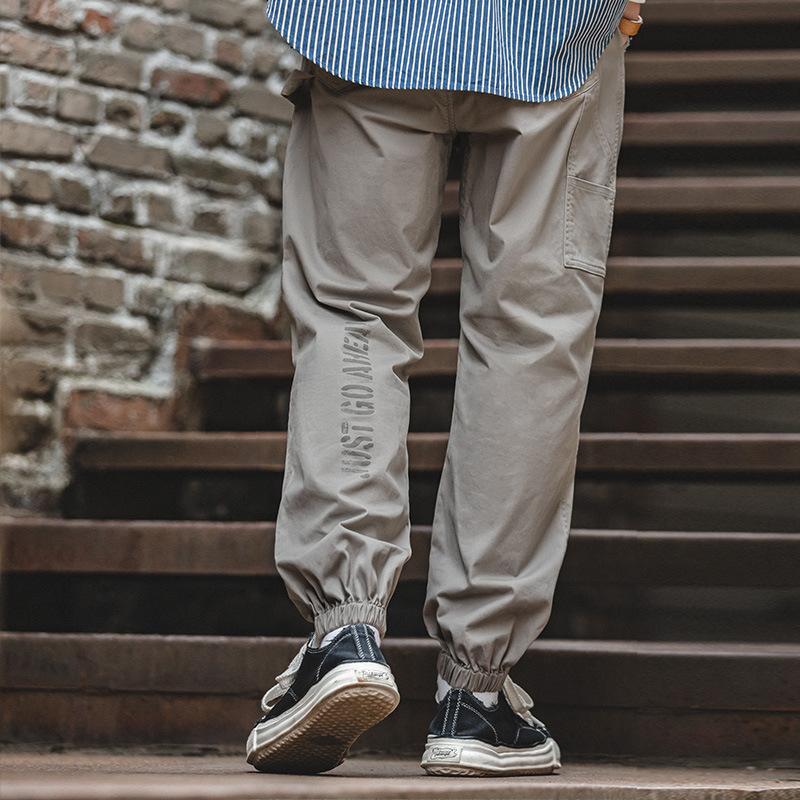 馬登工裝美式休閒印花中腰黑色工裝褲抽繩鬆緊腰微彈束腳褲男潮-Retro's Wear