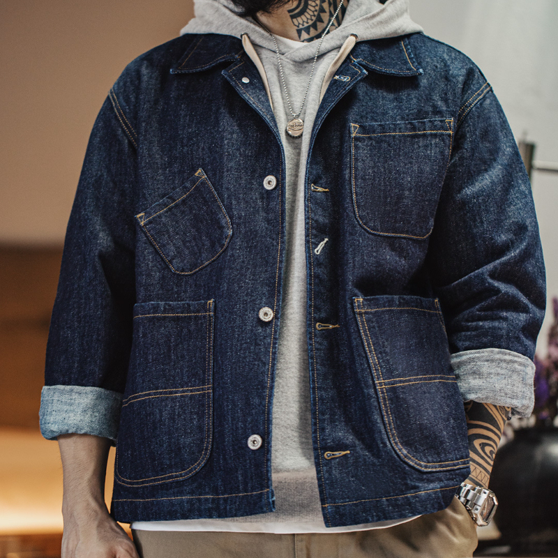復古四袋牛仔夾克翻領丹寧阿美咔嘰多口袋外套男秋-Retro's Wear