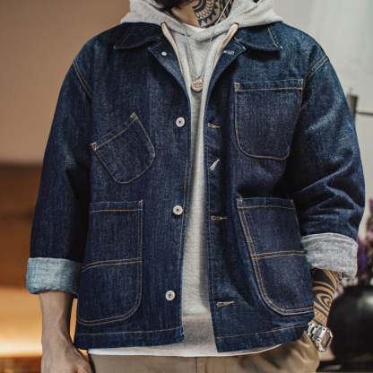 復古四袋牛仔夾克翻領丹寧阿美咔嘰多口袋外套男秋-Retro's Wear