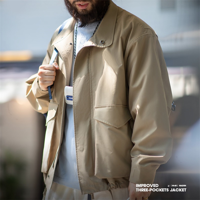 美式復古M65夾克多口袋翻領阿美咔嘰寬鬆卡其色外套男秋-Retro's Wear