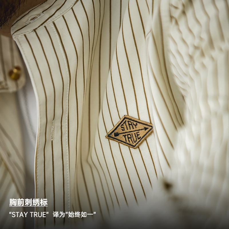 日系復古豎細條紋立領長袖襯衫寬鬆廓形棒球襯衣外套男秋-Retro's Wear