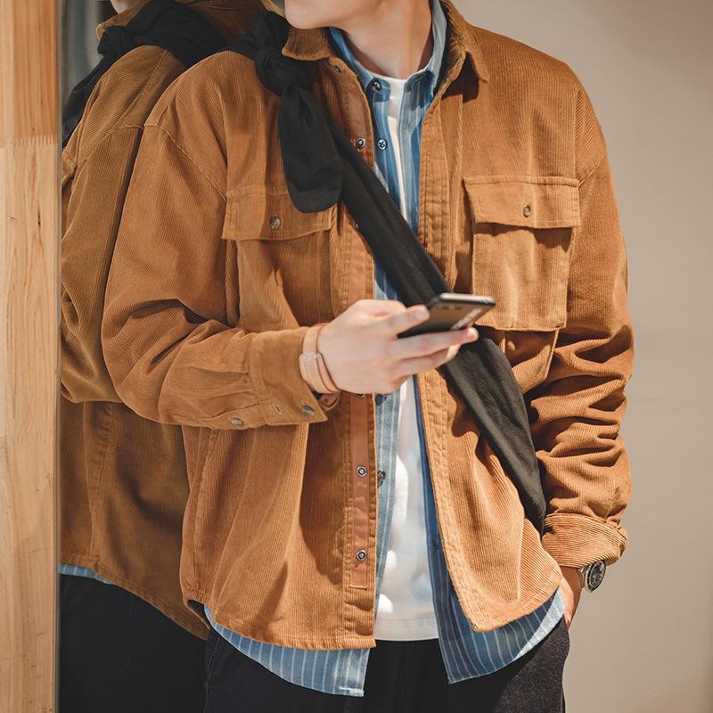 馬登工裝寬鬆翻領燈芯絨夾克春秋單排扣口袋外穿襯衫男潮-Retro's Wear