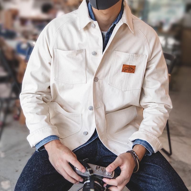 馬登工裝法式方領白色牛仔夾克大口袋插肩上衣早初秋外套男潮-Retro's Wear