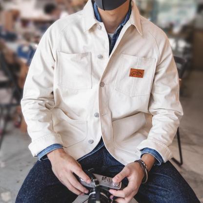 馬登工裝法式方領白色牛仔夾克大口袋插肩上衣早初秋外套男潮-Retro's Wear