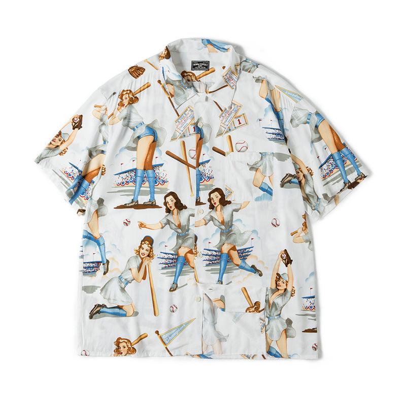 馬登女裝美式嘻哈夏威夷短袖古巴領印花襯衫寬松透氣沙灘襯衣-馬登工裝