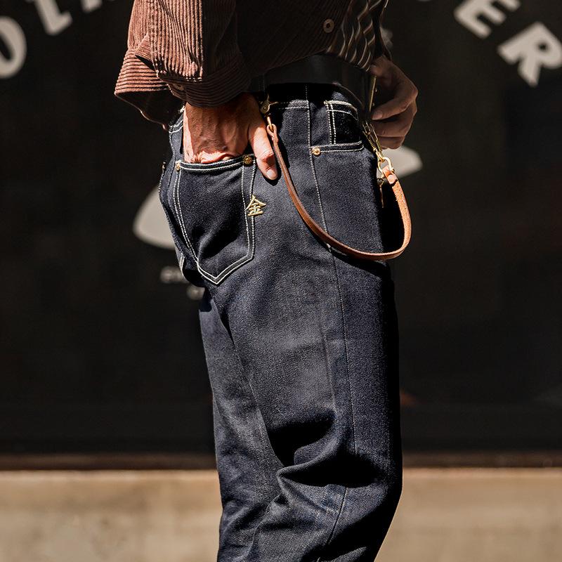 馬登工裝丹寧赤耳原牛牛仔褲刺繡高腰直筒長褲子男秋冬-Retro's Wear