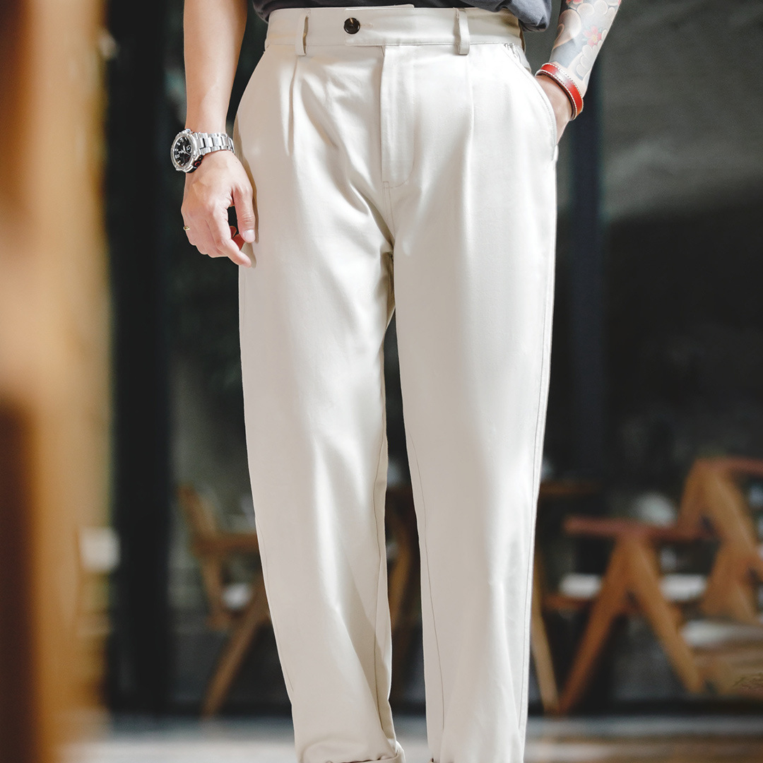 美式復古那不勒斯長褲設計感紳士巴黎扣直筒休閒褲子男-Retro's Wear