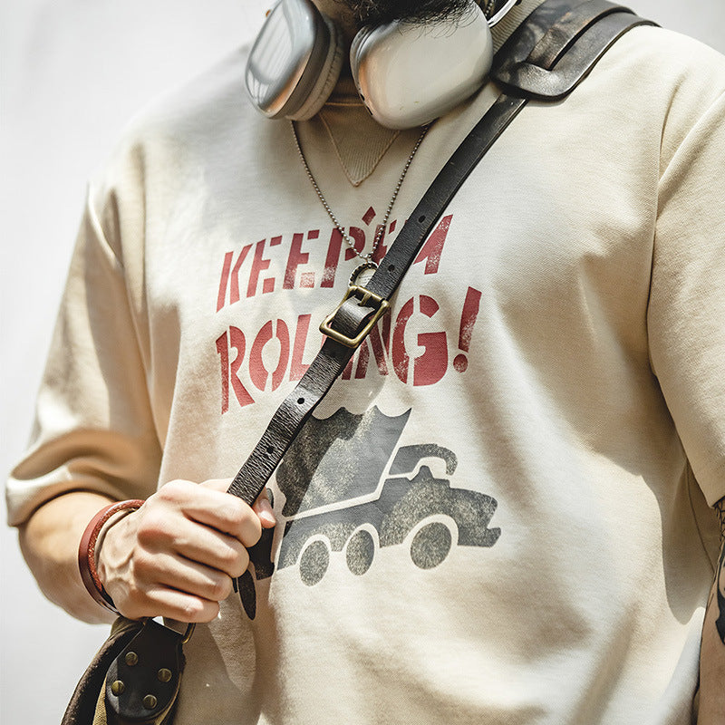 美式塗鴉字母印花短袖混紡圓領杏色小眾T恤男夏-Retro's Wear