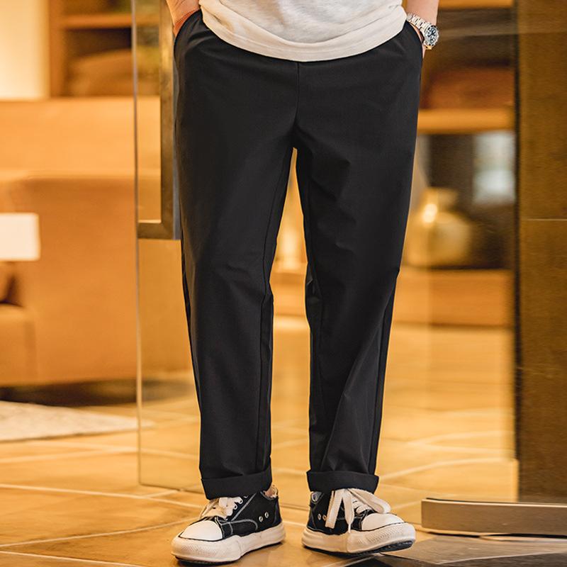 直筒中腰休閑褲四面微彈松緊腰抽繩長褲男春夏-Retro's Wear