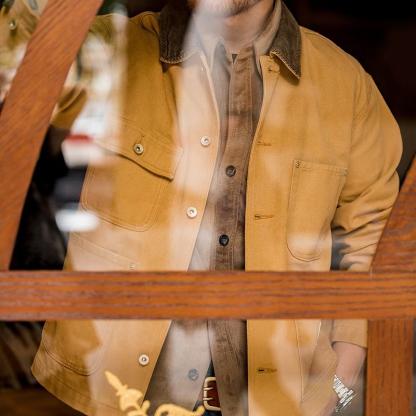 美式密歇根帆布夾克多口袋咔嘰翻領薄外套男秋-Retro's Wear