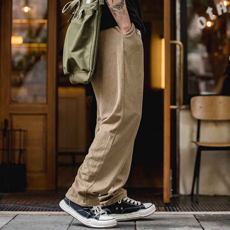 馬登工裝針織深灰松緊腰抽繩衛褲條絨直筒闊腿長褲子男秋-Retro's Wear