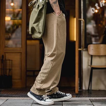 馬登工裝針織深灰松緊腰抽繩衛褲條絨直筒闊腿長褲子男秋-Retro's Wear