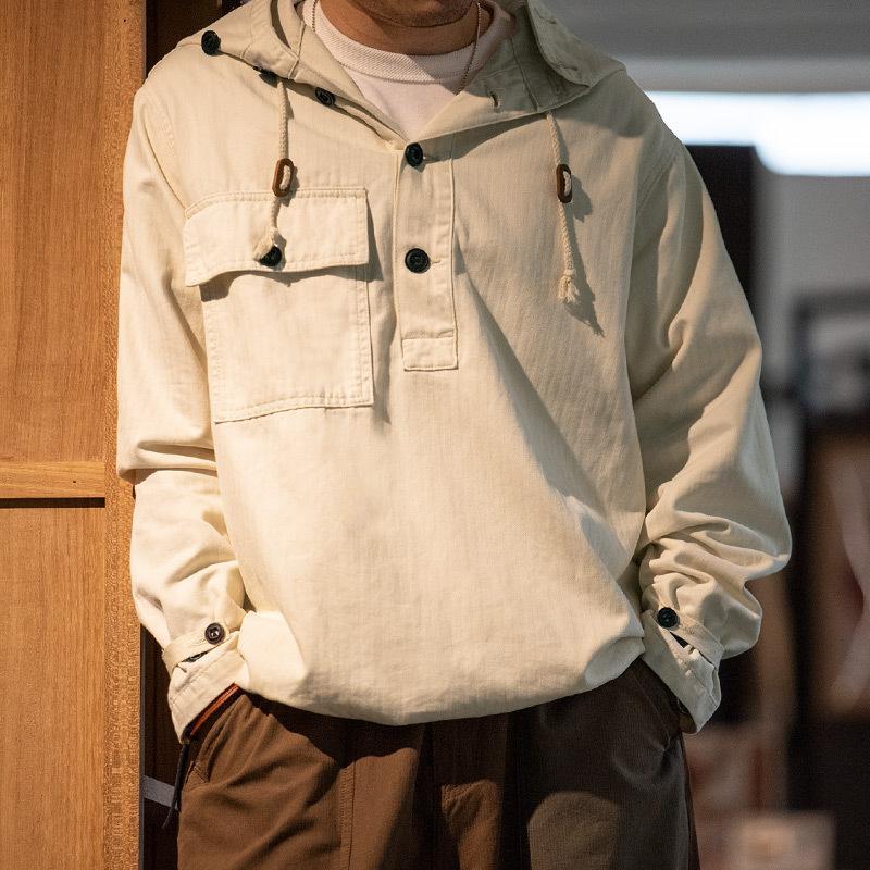 馬登工裝美式軍事風白色外套人字紋半開襟防護連帽衛衣男-Retro's Wear