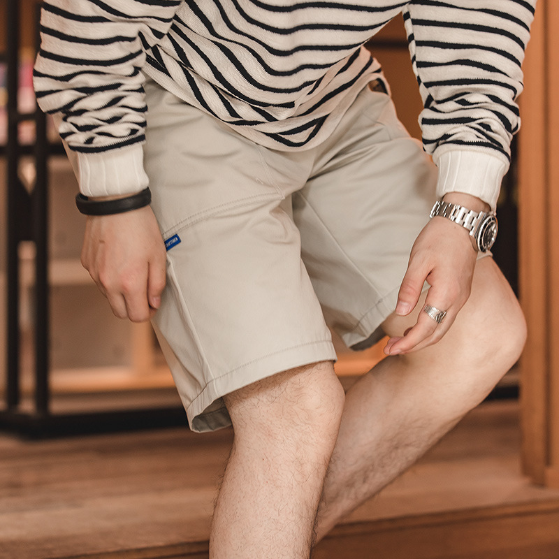 法式復古純棉短褲鬆緊腰美式五分休閒寬鬆直筒沙灘褲男夏-Retro's Wear