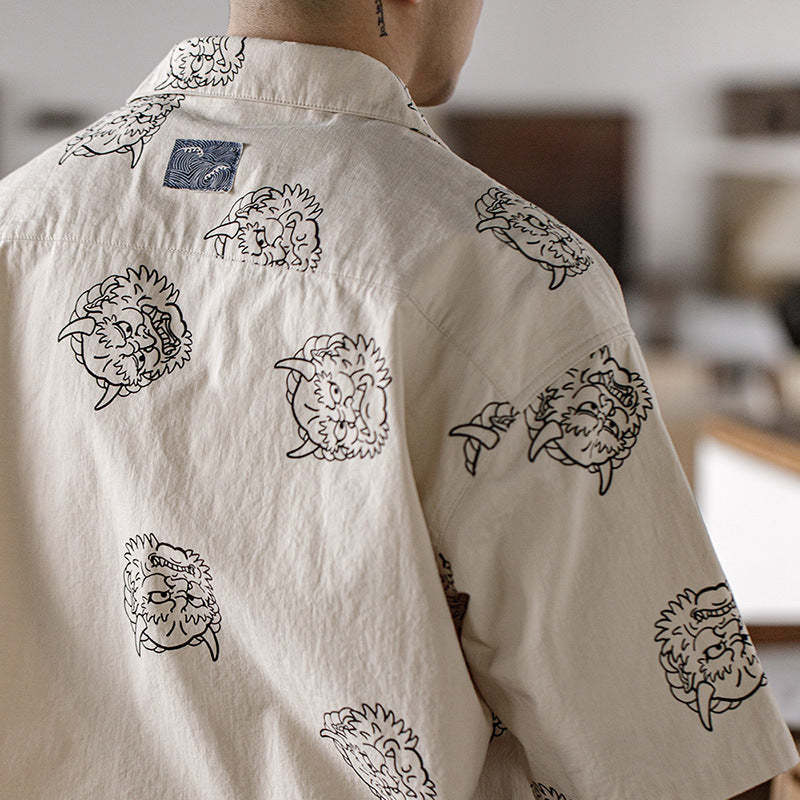 建禦雷神印花襯衫純棉麻感寬松米色短袖襯衣男夏-Retro's Wear