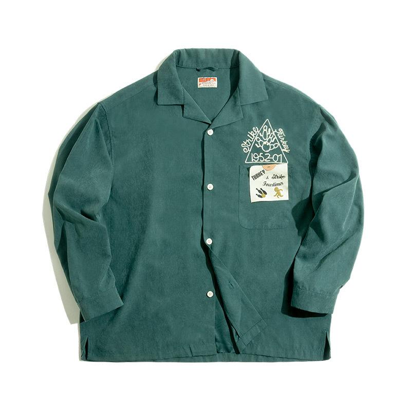 馬登工裝美式墨綠保齡球古巴領襯衫磨毛寬松桃皮打底男潮-Retro's Wear