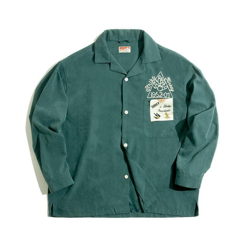 馬登工裝美式墨綠保齡球古巴領襯衫磨毛寬松桃皮打底男潮-Retro's Wear