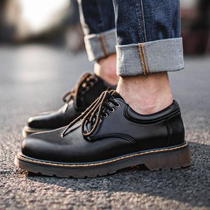 馬登男鞋秋冬季潮鞋子新款休閒皮鞋黑色大頭鞋英倫風低幫潮流-Retro's Wear
