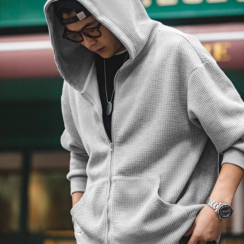 馬登工裝灰色華夫格連帽衛衣慵懶針織開衫運動外套男秋冬-Retro's Wear