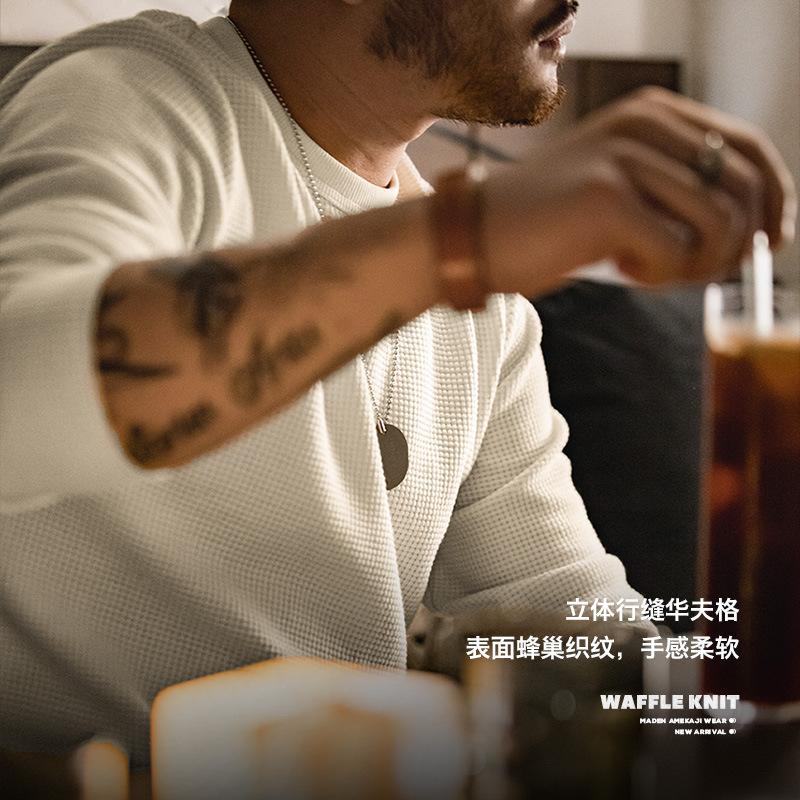 馬登工裝300g華夫格圓領T恤衛衣三本針長袖打底衫男-Retro's Wear