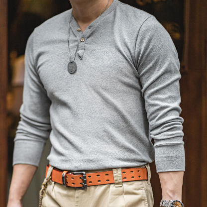 美式復古重磅亨利衫修身硬漢風純色休閒長袖T恤男秋-Retro's Wear