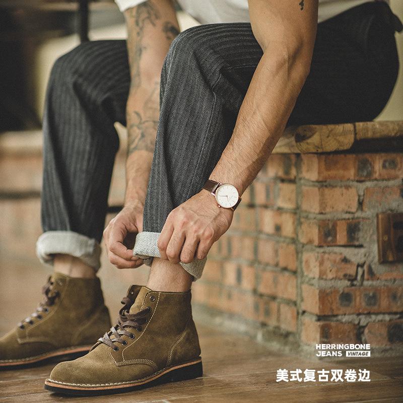 馬登工裝美式HBT灰色牛仔褲直筒修身阿美哢嘰條紋長褲子男秋-Retro's Wear