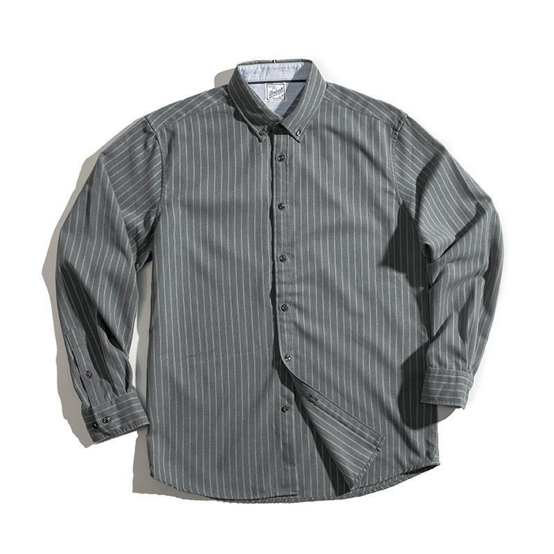 馬登工裝美式著磨毛條紋襯衫休閑長袖上衣男士潮-Retro's Wear