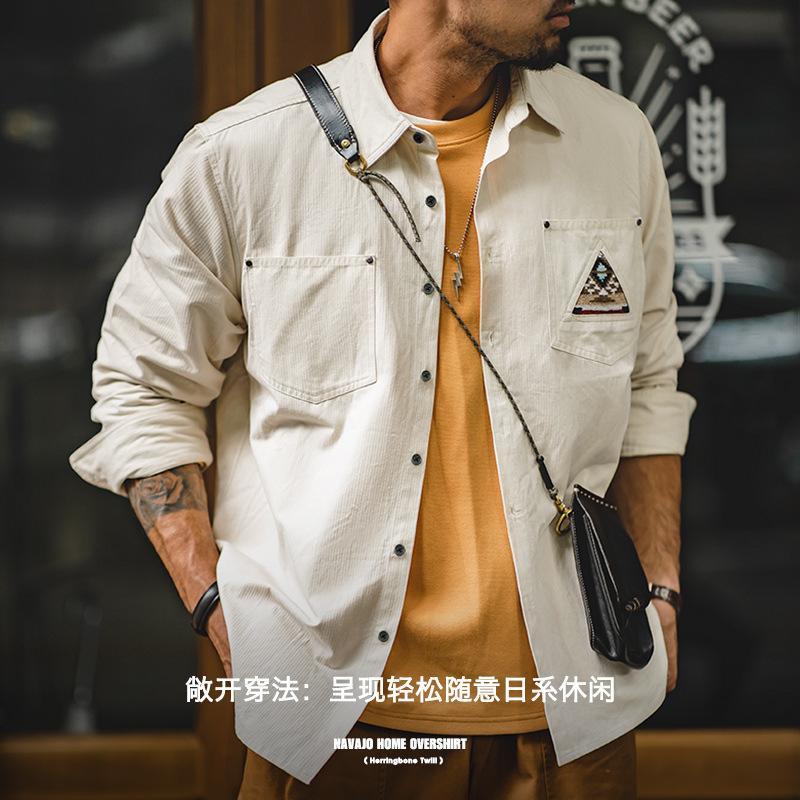 馬登工裝印第安圖騰米白色長袖襯衫拼接口袋疊穿寸衣男秋-Retro's Wear