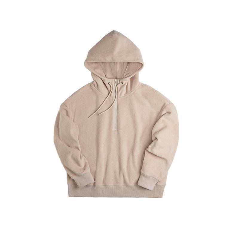 馬登女裝秋冬軟糯搖粒加絨拉鏈套頭衫正肩純黑色長袖連帽衛衣-Retro's Wear