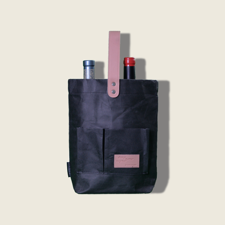 Innovative Washable Kraft Paper Tote Bag Environmentally Friendly Duo Bottle Carrier — Caviar Black-Ambrosia Daily
