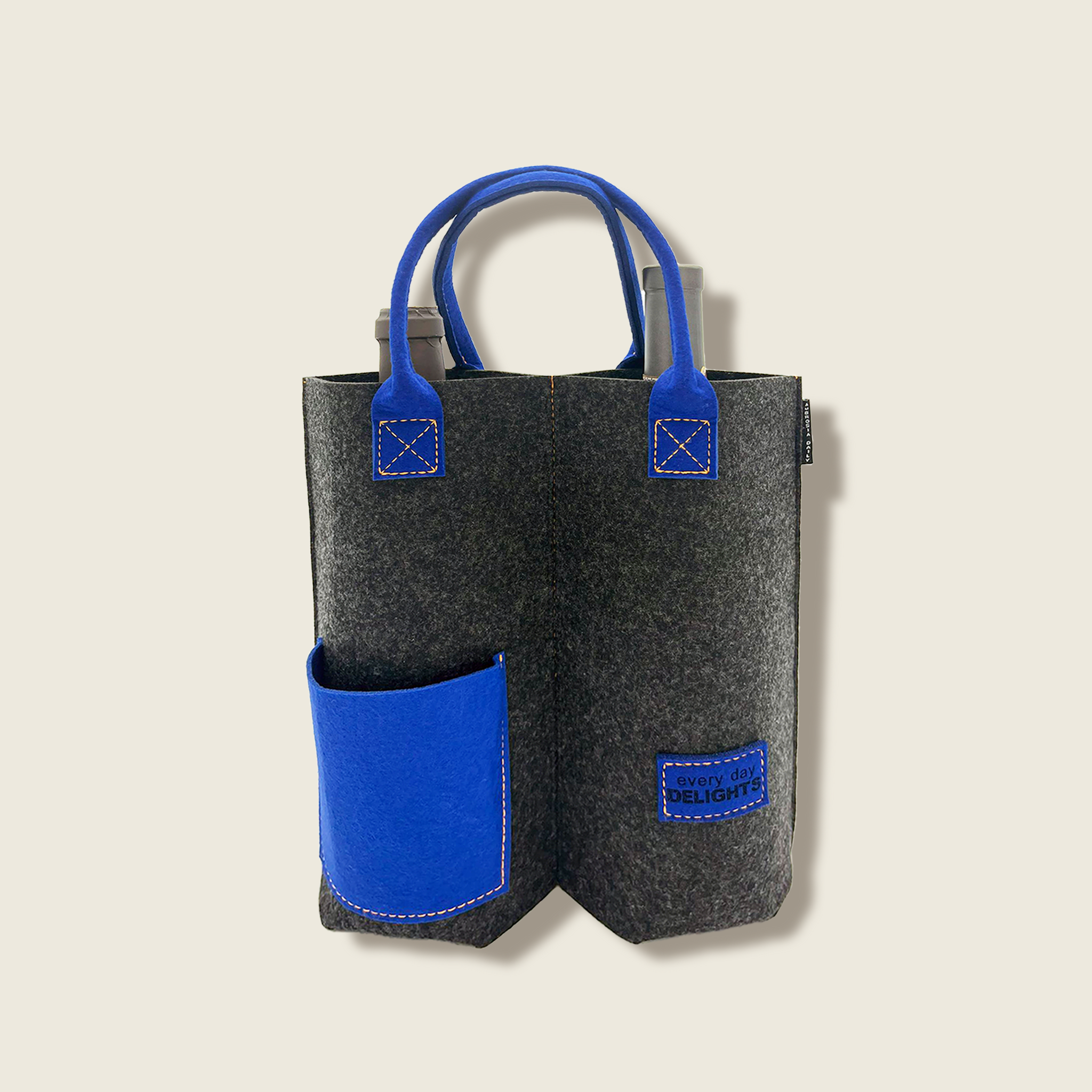 Charcoal Grey with Blue Hand Straps  — COZY Felt Bottle Carrier (Duo Bottles)-Ambrosia Daily