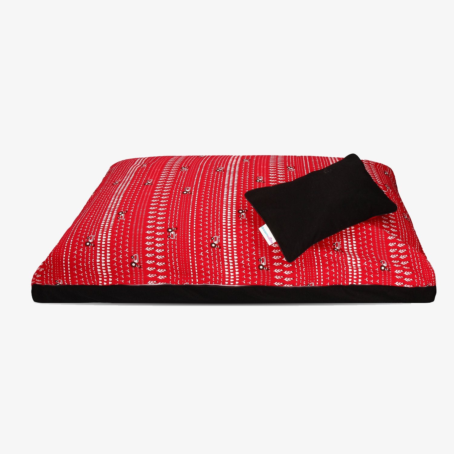 Velvety Vermillion | Bright red pattern paired with elegant black natural dog bed cover from DreamCastle - Little Cherry