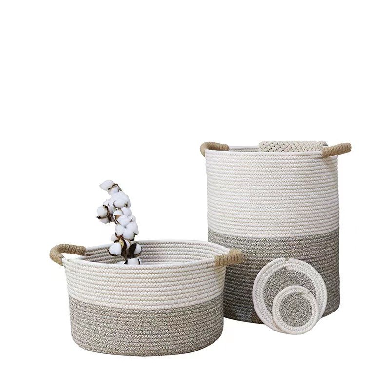 Coveria rope storage basket bin with woven handle / rattan basket