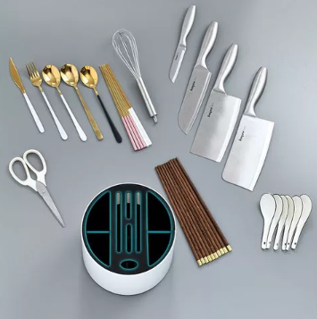 Integrated Rotating Utensil Organizer with removable tray