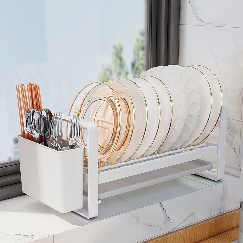 Non-slip metal dish rack organizer for kitchen, countertop, cabinet, drawer.