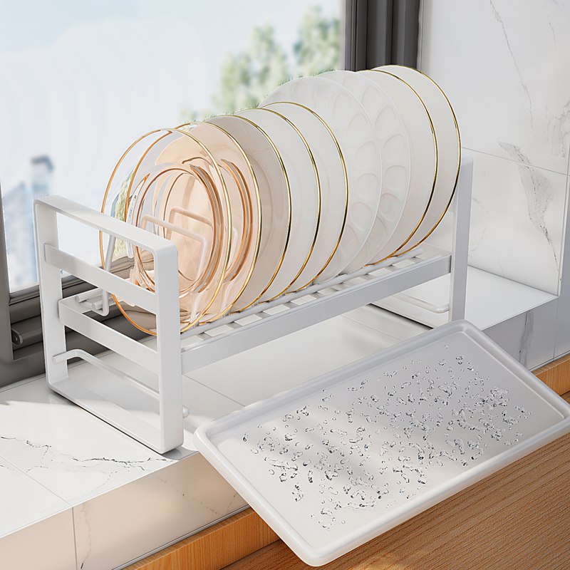 Non-slip metal dish rack organizer for kitchen, countertop, cabinet, drawer.