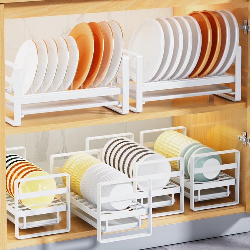 Non-slip metal dish rack organizer for kitchen, countertop, cabinet, drawer.