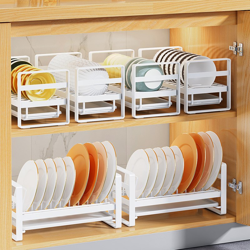 Non-slip metal dish rack organizer for kitchen, countertop, cabinet, drawer.