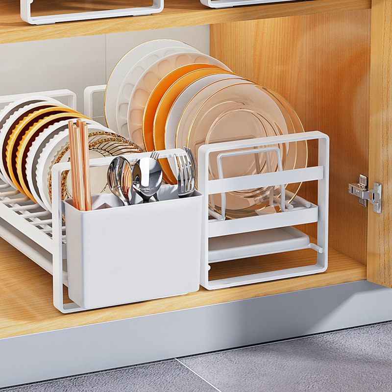 Non-slip metal dish rack organizer for kitchen, countertop, cabinet, drawer.