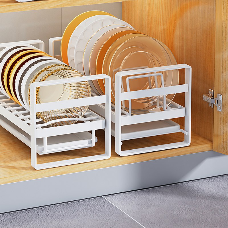 Non-slip metal dish rack organizer for kitchen, countertop, cabinet, drawer.