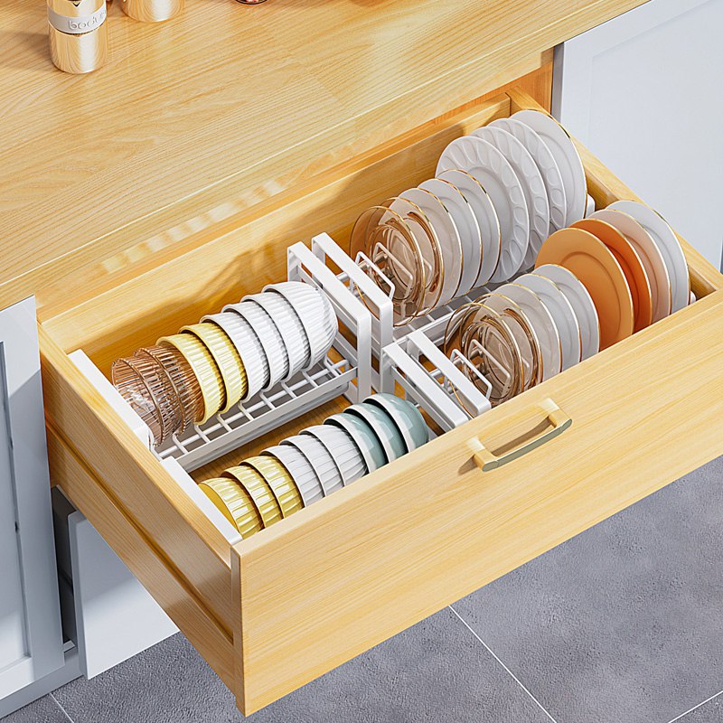 Non-slip metal dish rack organizer for kitchen, countertop, cabinet, drawer.