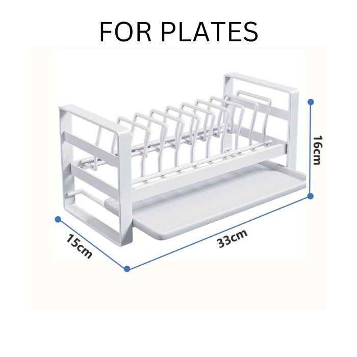 Non-slip metal dish rack organizer for kitchen, countertop, cabinet, drawer.