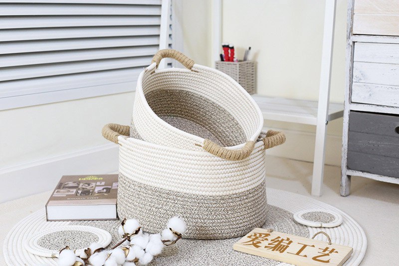Coveria rope storage basket bin with woven handle / rattan basket