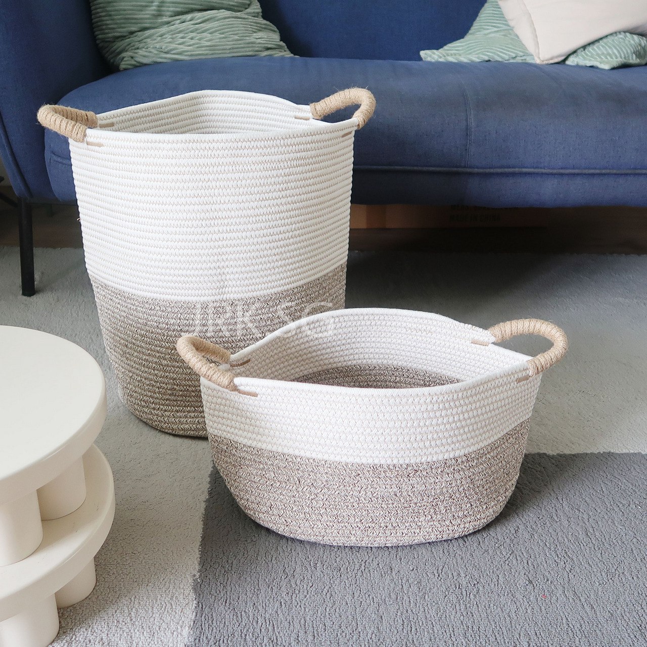 Coveria rope storage basket bin with woven handle / rattan basket